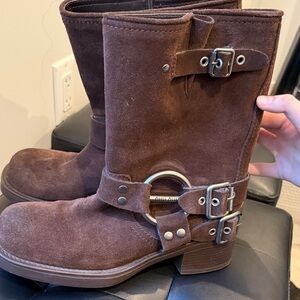 Miu Miu Tan Suede Frye Moto Ankle Boots